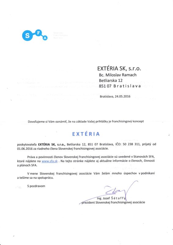 Členstvo v SK asociácii franchisingu - SFA
